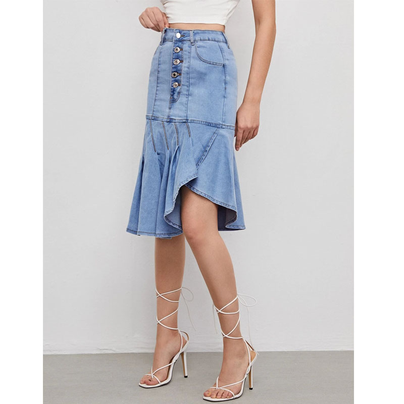 light blue women denim pleated skirt high waist jeans woman skirts fashionable for ladies