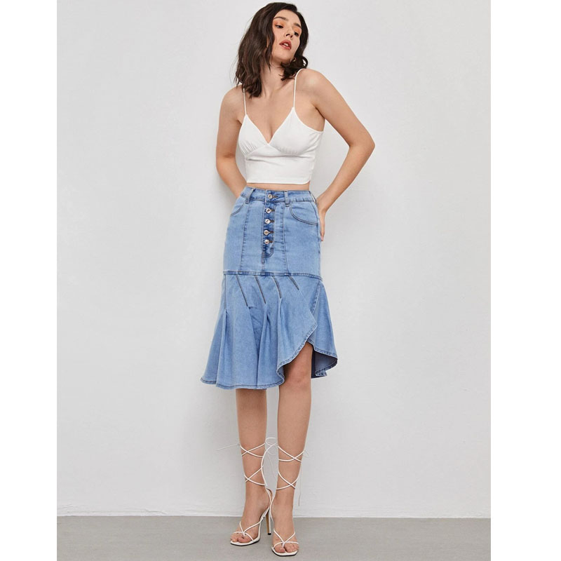  light blue women denim pleated skirt high waist jeans woman skirts fashionable for ladies