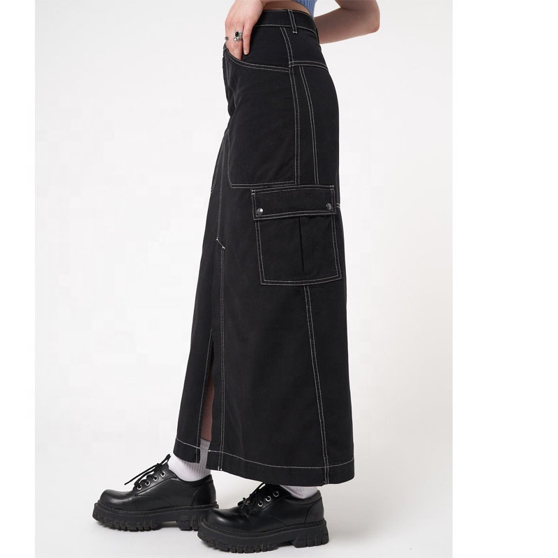  ladies front split denim womens long cargo skirt black jeans maxi cargo skirt for women