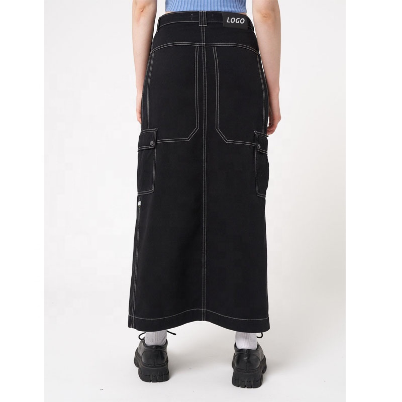  ladies front split denim womens long cargo skirt black jeans maxi cargo skirt for women