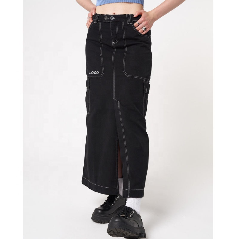  ladies front split denim womens long cargo skirt black jeans maxi cargo skirt for women