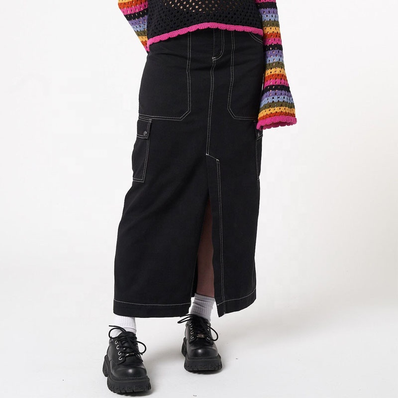  ladies front split denim womens long cargo skirt black jeans maxi cargo skirt for women