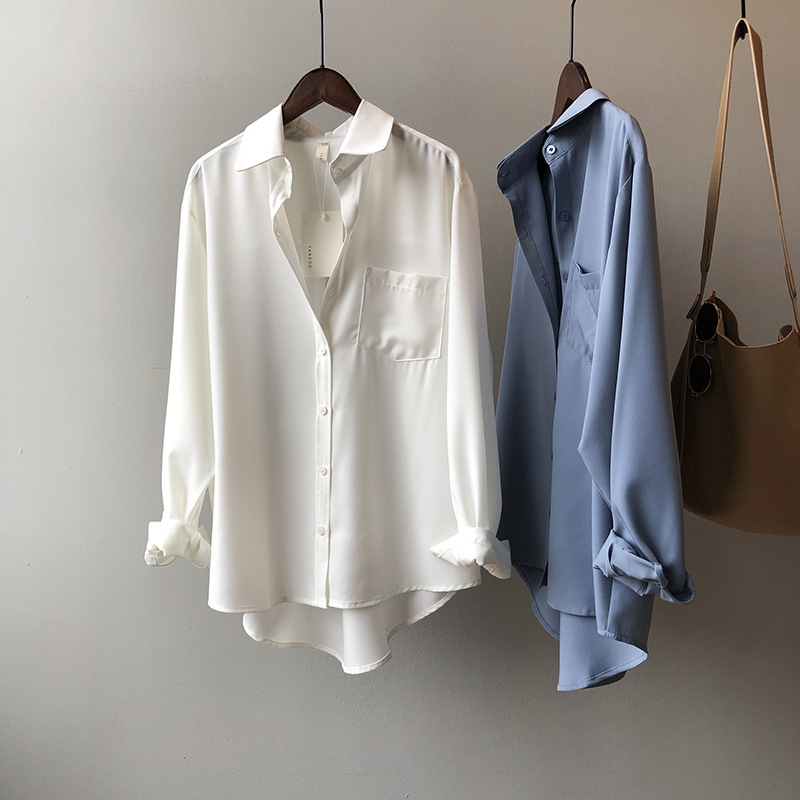 Women White Simulated silk  Shirt Tops Lady Long Sleeve Office Ladies satin blouse blusas women's blouses & shirts