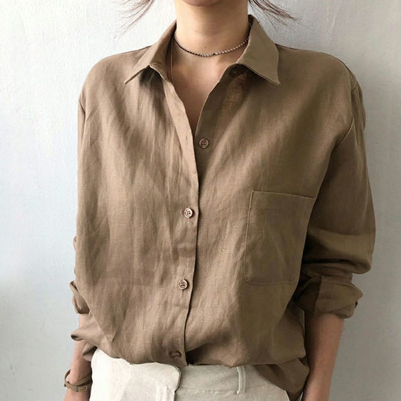 New arrival modest women's blouses & shirts  solid color 100% linen shirt women blouses shirts for Ladies