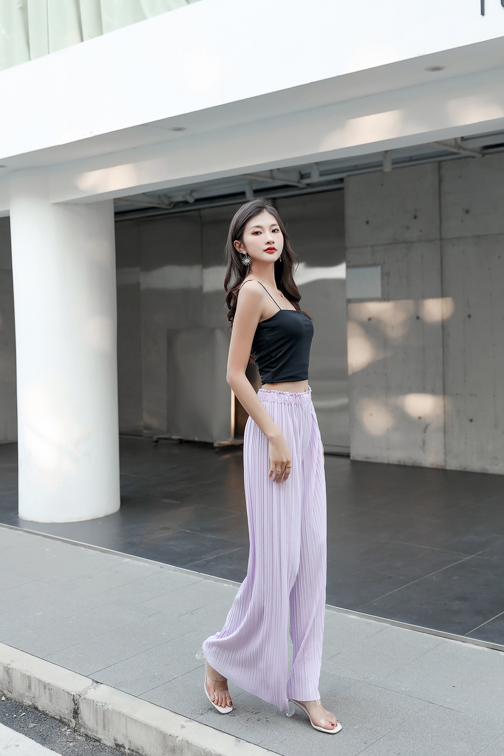 Flowy Pleated Pants with Elastic Waistband Windproof Pleated Straight Full Length Woven Sweet Women's Pants & Trousers