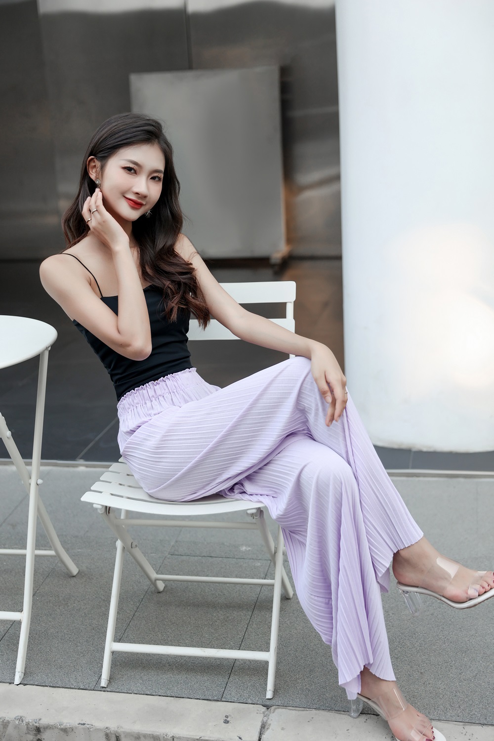 Flowy Pleated Pants with Elastic Waistband Windproof Pleated Straight Full Length Woven Sweet Women's Pants & Trousers