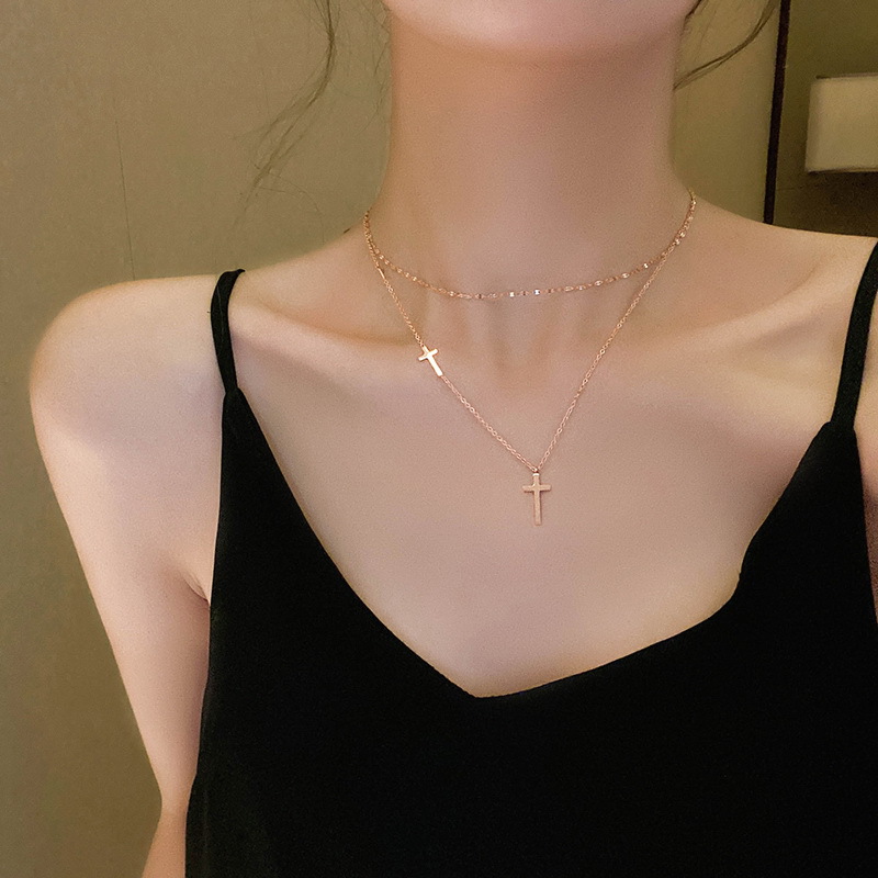  18k Gold Plated Stainless Steel double cross cross pendant necklace collarbone chain women's fashion jewelry