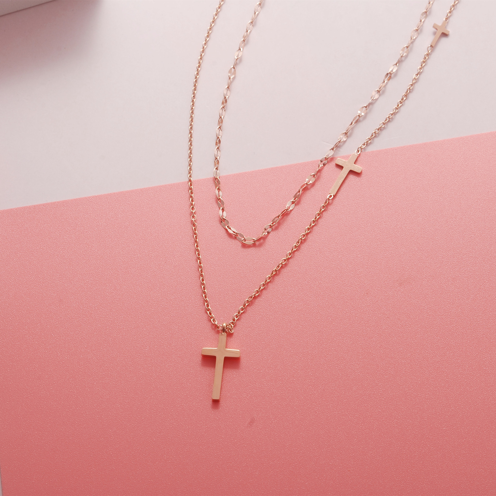  18k Gold Plated Stainless Steel double cross cross pendant necklace collarbone chain women's fashion jewelry