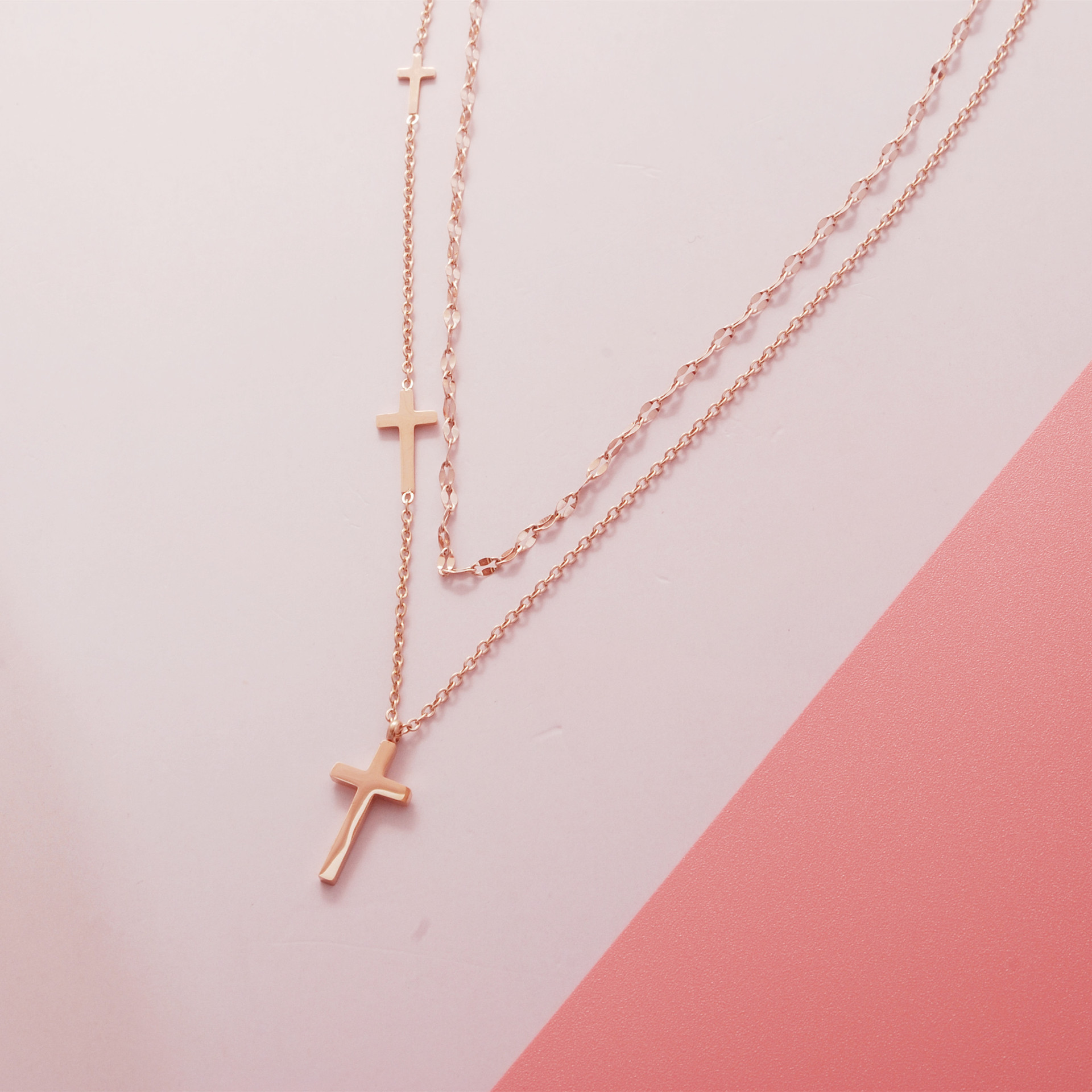  18k Gold Plated Stainless Steel double cross cross pendant necklace collarbone chain women's fashion jewelry