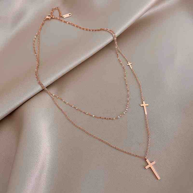  18k Gold Plated Stainless Steel double cross cross pendant necklace collarbone chain women's fashion jewelry