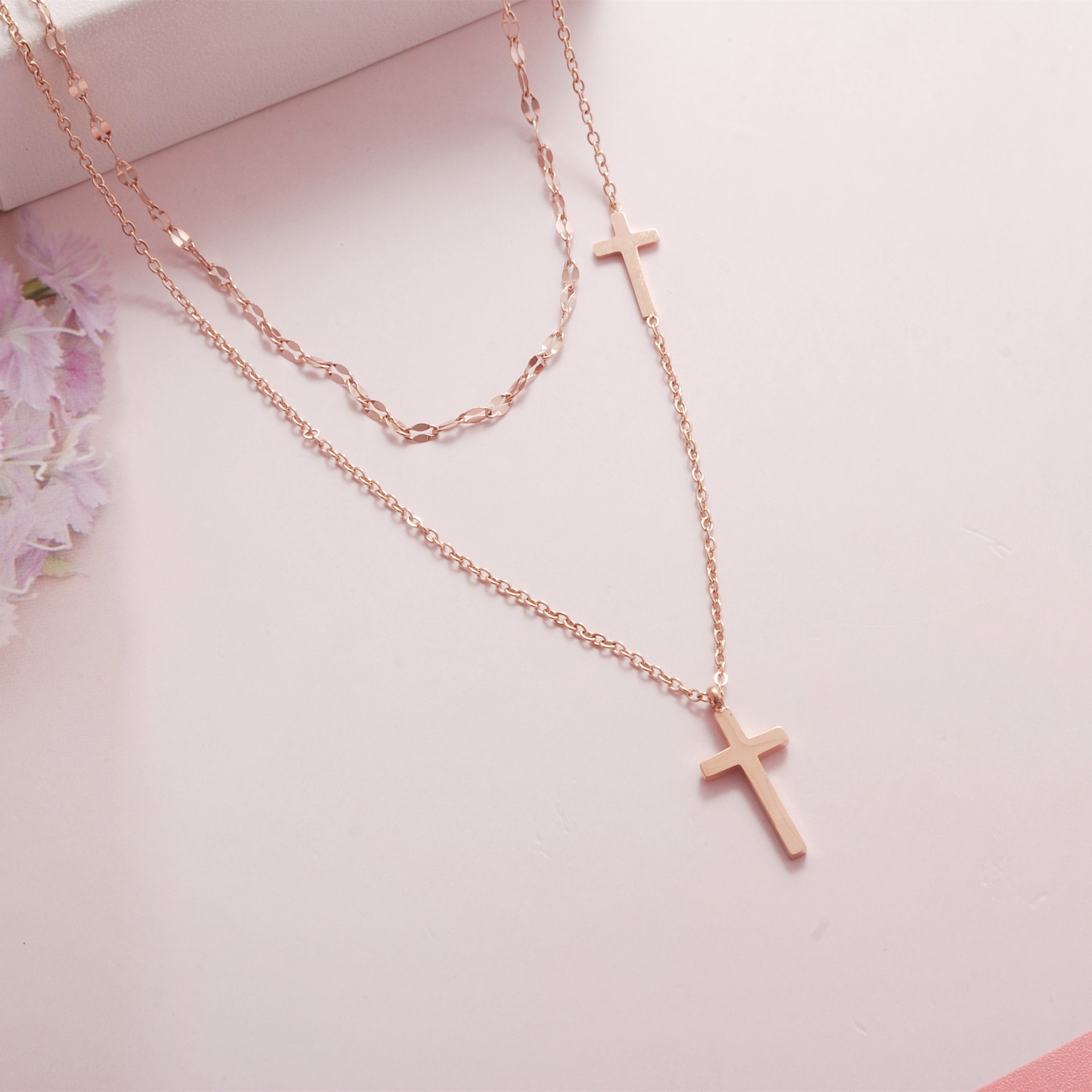  18k Gold Plated Stainless Steel double cross cross pendant necklace collarbone chain women's fashion jewelry