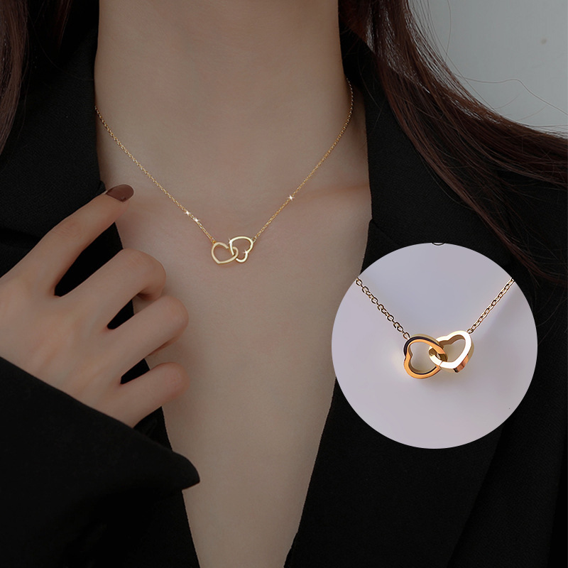 Lateefah  Hollow Heart Necklace Stainless Steel Love Double Heart Pendant Necklace Women's Jewelry