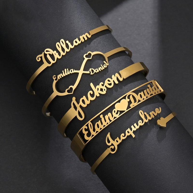  Name Letter Cuff Bracelet Waterproof Opening 18k Gold Plated Stainless Steel Bracelet Bangles Jewelry Women