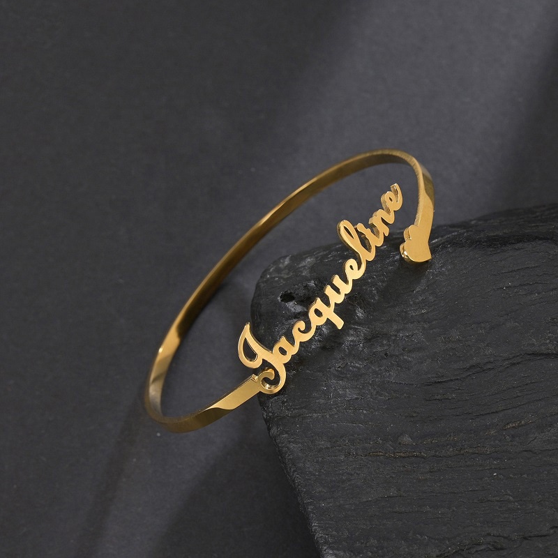  Name Letter Cuff Bracelet Waterproof Opening 18k Gold Plated Stainless Steel Bracelet Bangles Jewelry Women