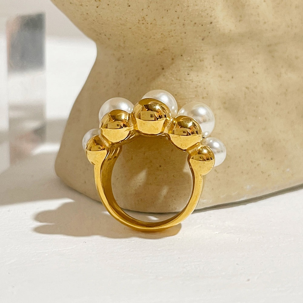 New Arrival Statement Stainless Steel 18k Gold Chunky Pearl Ring For Women Jewelry