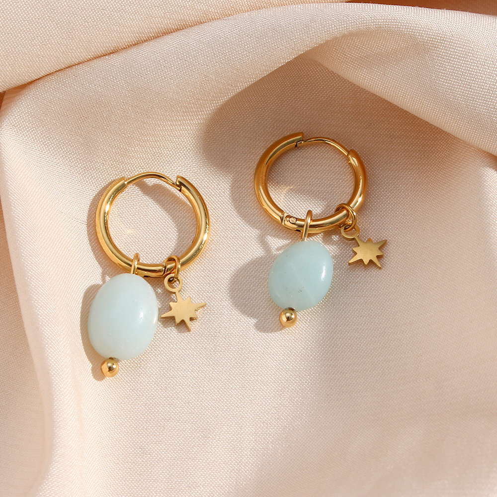 Octagonal Star Amazonite Apatite Lapis Lazuli Natural Stone Dangling Huggie Earrings Jewelry Women 