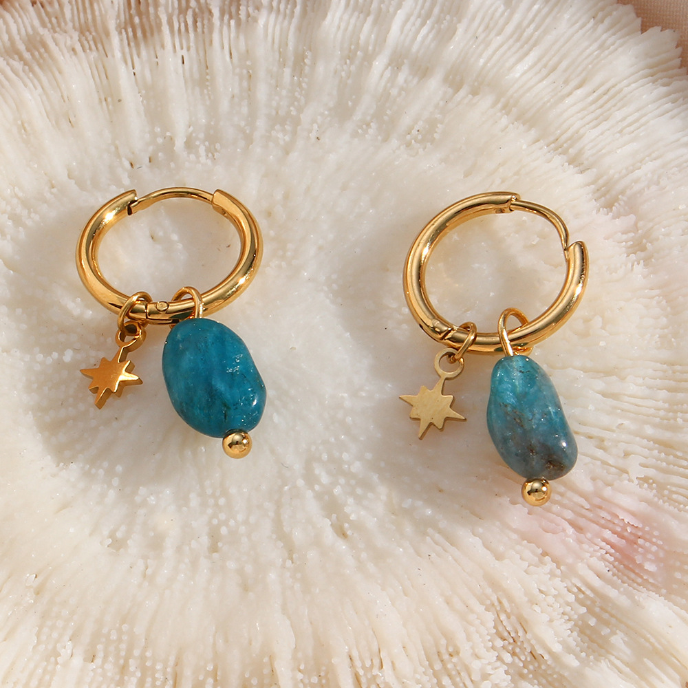 Octagonal Star Amazonite Apatite Lapis Lazuli Natural Stone Dangling Huggie Earrings Jewelry Women 