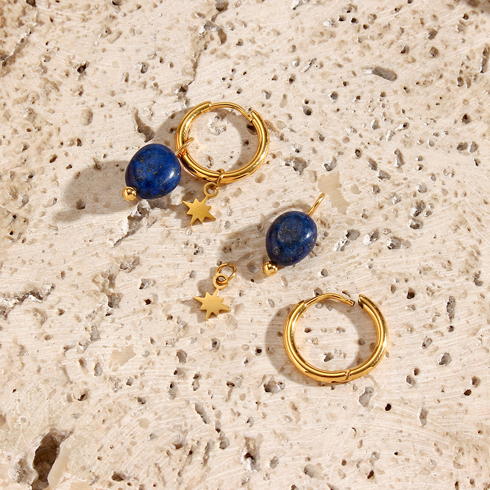 Octagonal Star Amazonite Apatite Lapis Lazuli Natural Stone Dangling Huggie Earrings Jewelry Women 