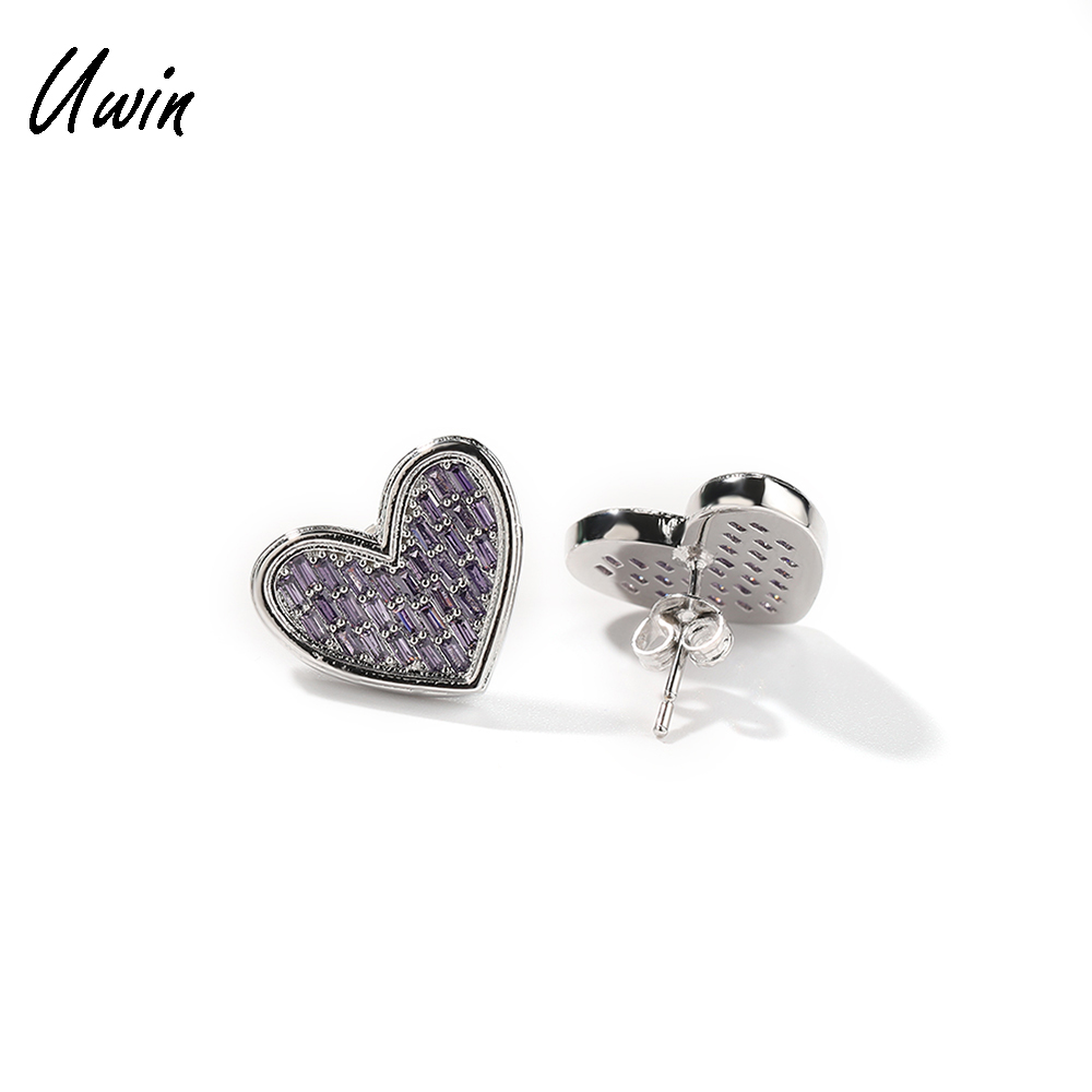 2023  Purple Pink CZ Baguette Heart Earrings Valentine's Day Gift Hip Hop Jewelry Women Men