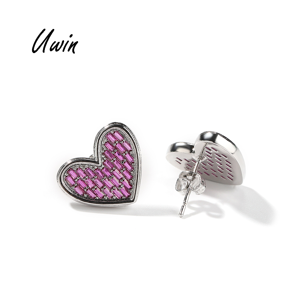 2023  Purple Pink CZ Baguette Heart Earrings Valentine's Day Gift Hip Hop Jewelry Women Men