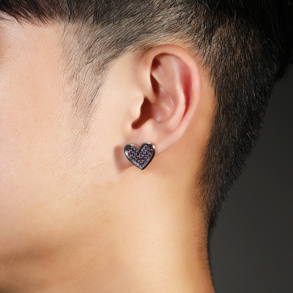 2023  Purple Pink CZ Baguette Heart Earrings Valentine's Day Gift Hip Hop Jewelry Women Men