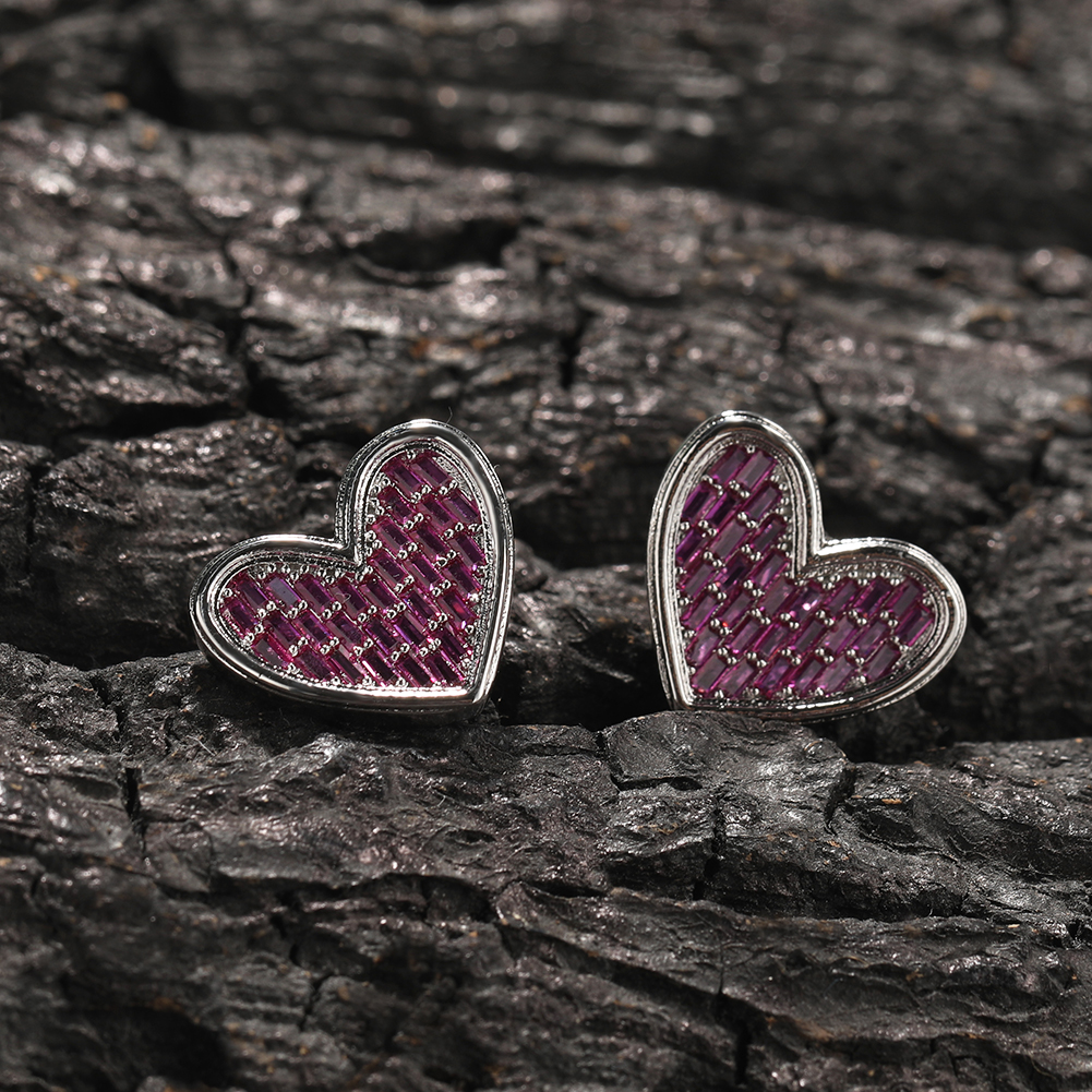 2023  Purple Pink CZ Baguette Heart Earrings Valentine's Day Gift Hip Hop Jewelry Women Men