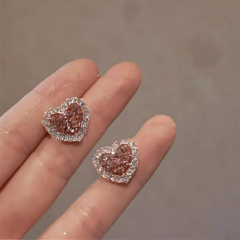 925 Silver Needle 2023 New SeniorTemperament Love Pink Zircon Jewelry Shiny Women's Delicate Earrings High quality light