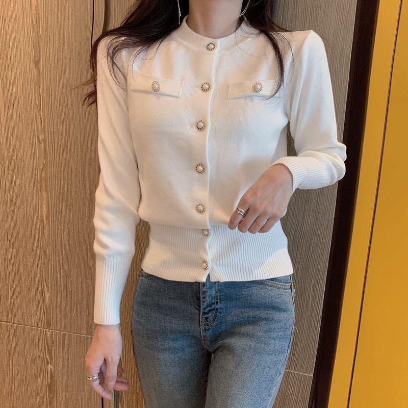Spring small fragrance knitted cardigan sweater female crewneck contrast color light solid color long sleeve Joker