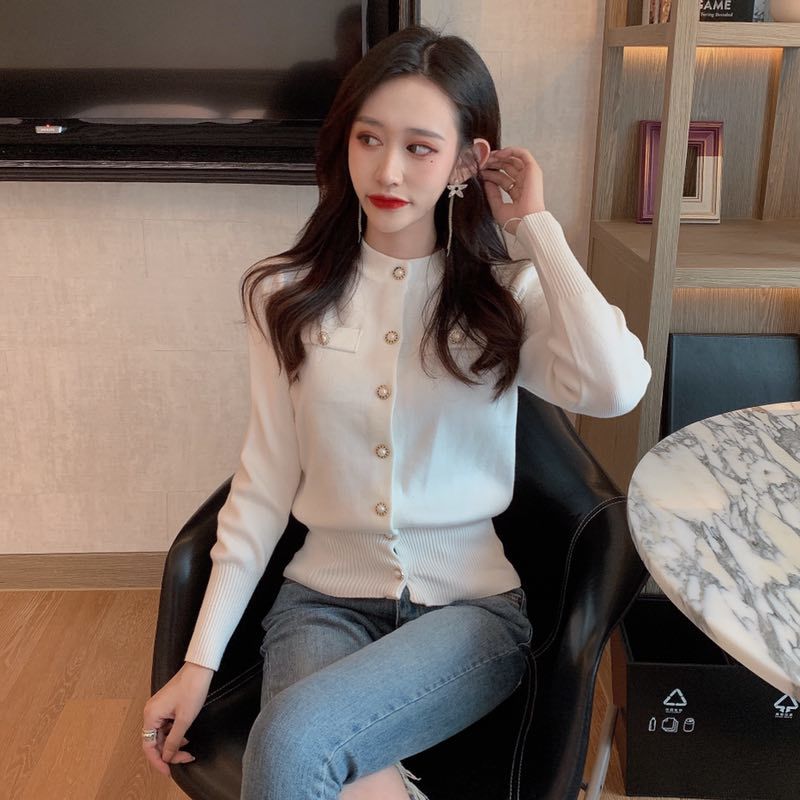 Spring small fragrance knitted cardigan sweater female crewneck contrast color light solid color long sleeve Joker