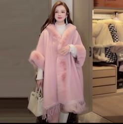 Lady Hooded Cloak Poncho Faux Rabbit Fur Cape Wrap Stoles Cardigan Coat Cashmere Shawl Scarves Scarfs for Women