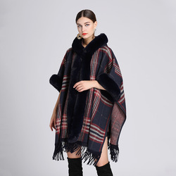 Lady Hooded Cloak Poncho Faux Rabbit Fur Cape Wrap Stoles Cardigan Coat Cashmere Shawl Scarves Scarfs for Women