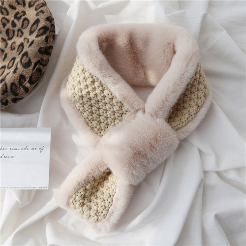 Autumn and Winter Scarf Female Thick Warm Knitting Cross Collar Double Sided Stitching Imitation Rabbit Fur Plush Scarf