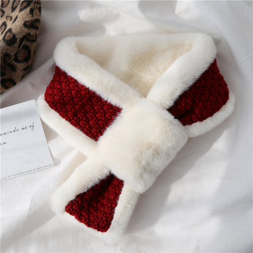 Autumn and Winter Scarf Female Thick Warm Knitting Cross Collar Double Sided Stitching Imitation Rabbit Fur Plush Scarf