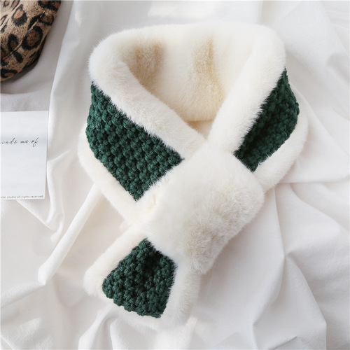 Autumn and Winter Scarf Female Thick Warm Knitting Cross Collar Double Sided Stitching Imitation Rabbit Fur Plush Scarf
