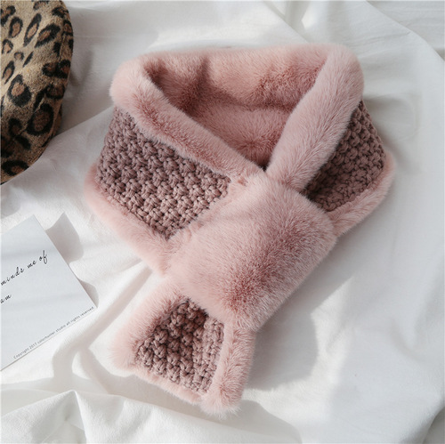 Autumn and Winter Scarf Female Thick Warm Knitting Cross Collar Double Sided Stitching Imitation Rabbit Fur Plush Scarf