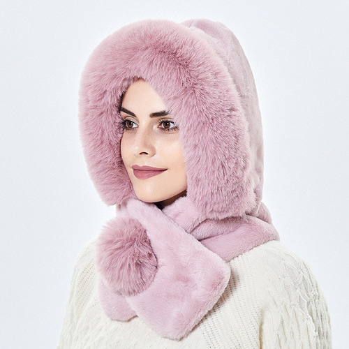 Winter Warm Knitted Hat Fur Women Hat with Scarf Lady Outdoor Thicken Plush Fluffy Cap Hats for Women