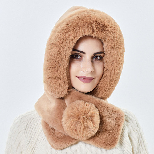 Winter Warm Knitted Hat Fur Women Hat with Scarf Lady Outdoor Thicken Plush Fluffy Cap Hats for Women