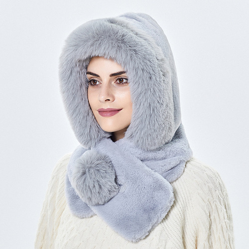 Winter Warm Knitted Hat Fur Women Hat with Scarf Lady Outdoor Thicken Plush Fluffy Cap Hats for Women
