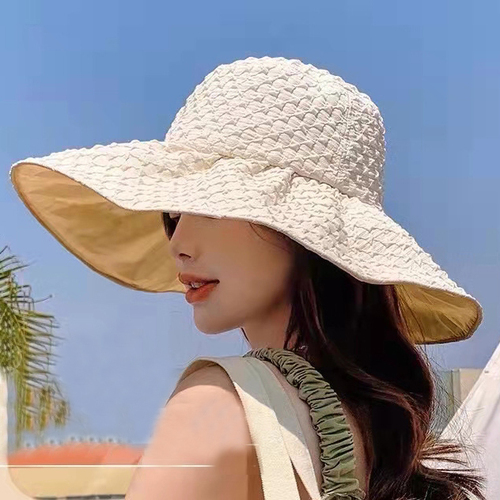 New Style Seersucker Big Brim Bucket Hat For Women Color Plastic Beach Sun Hat Convenient And Foldable