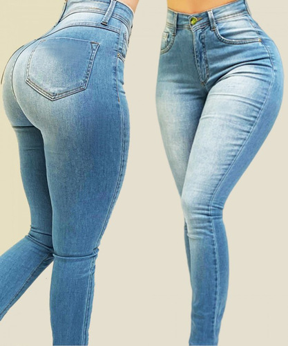 Light Blue Denim Jeans Button Fly Pants Women Denim Jeans Skinny Elastic Stacked Jeans