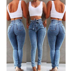 Pants women jeans slim stretch denim fringed waistband high-waisted jeans ropa de mujer