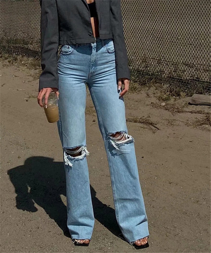 Casual High Waist Classic Trousers Ripped Pants Denim Women Jeans baggy fit boyfriend women's jeans