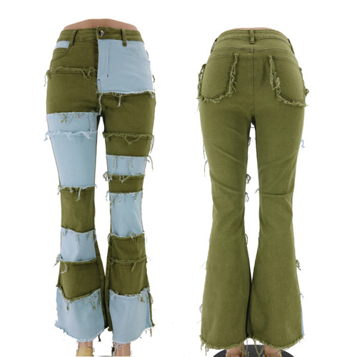 New Fashion Casual Ladies Flare Bell Bottom High Waist Ripped Denim Pants Women Jeans