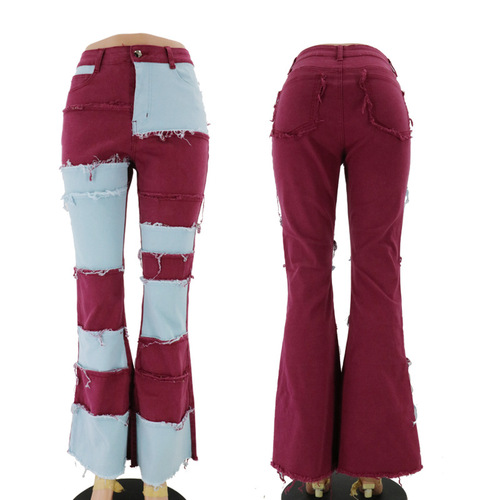 New Fashion Casual Ladies Flare Bell Bottom High Waist Ripped Denim Pants Women Jeans
