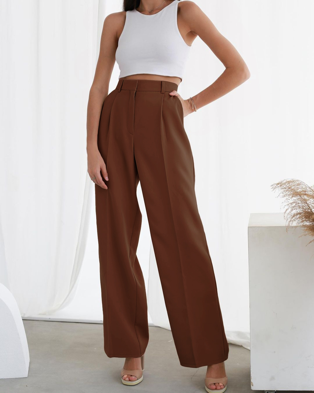 Spring Women’s Green High Waist Loose Wide Leg Pants Ladies Casual Suit Trousers