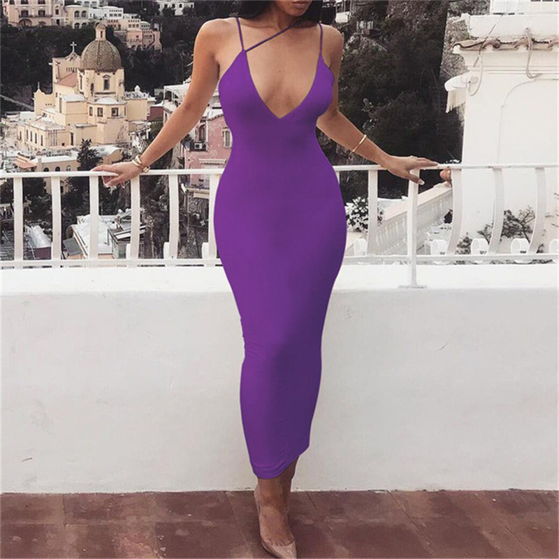 T1414 New summer women's sexy V-neck halter dress dress with backless pure color full-body skirt tight dress women