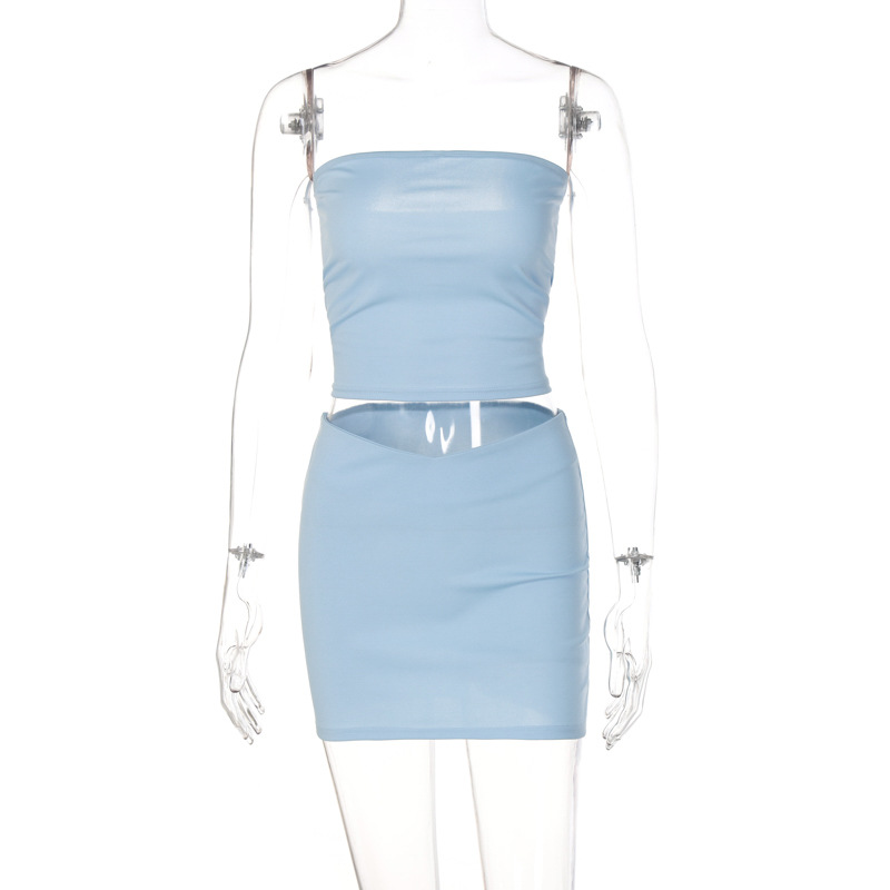 Two Piece Set Women Clothing Summer 2023 Solid Tube Top Mini Two Piece Skirt And Top Set For Women