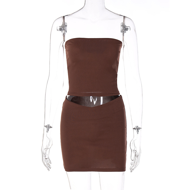 Two Piece Set Women Clothing Summer 2023 Solid Tube Top Mini Two Piece Skirt And Top Set For Women