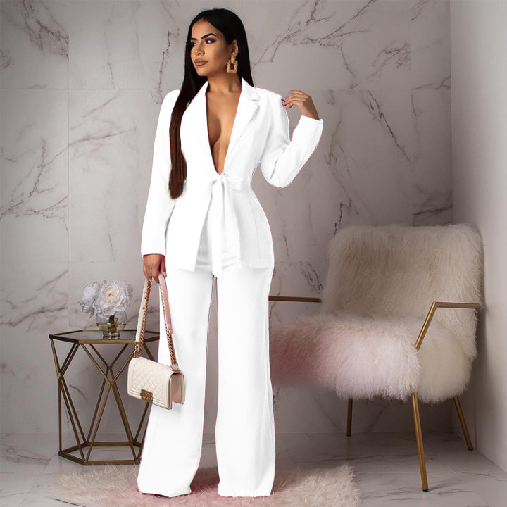 R21072S Pure Color Loose Waistband Two Piece Set Women'S Office Formal Suits & Tuxedo
