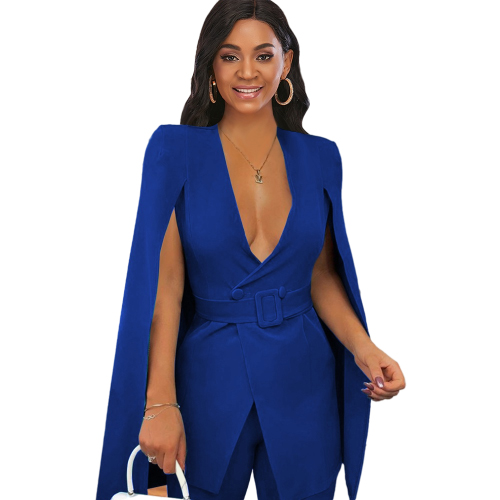 Sexy Deep V Neck Cape Sleeve Button Cardigan Blazer Set With Belt Office Lady Formal Womens Suits Business Woman Blazer 
